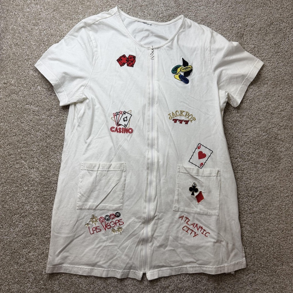 Vintage Casino Zip Womens Lg White Las Vegas Atlantic City Embroidered Cover Up